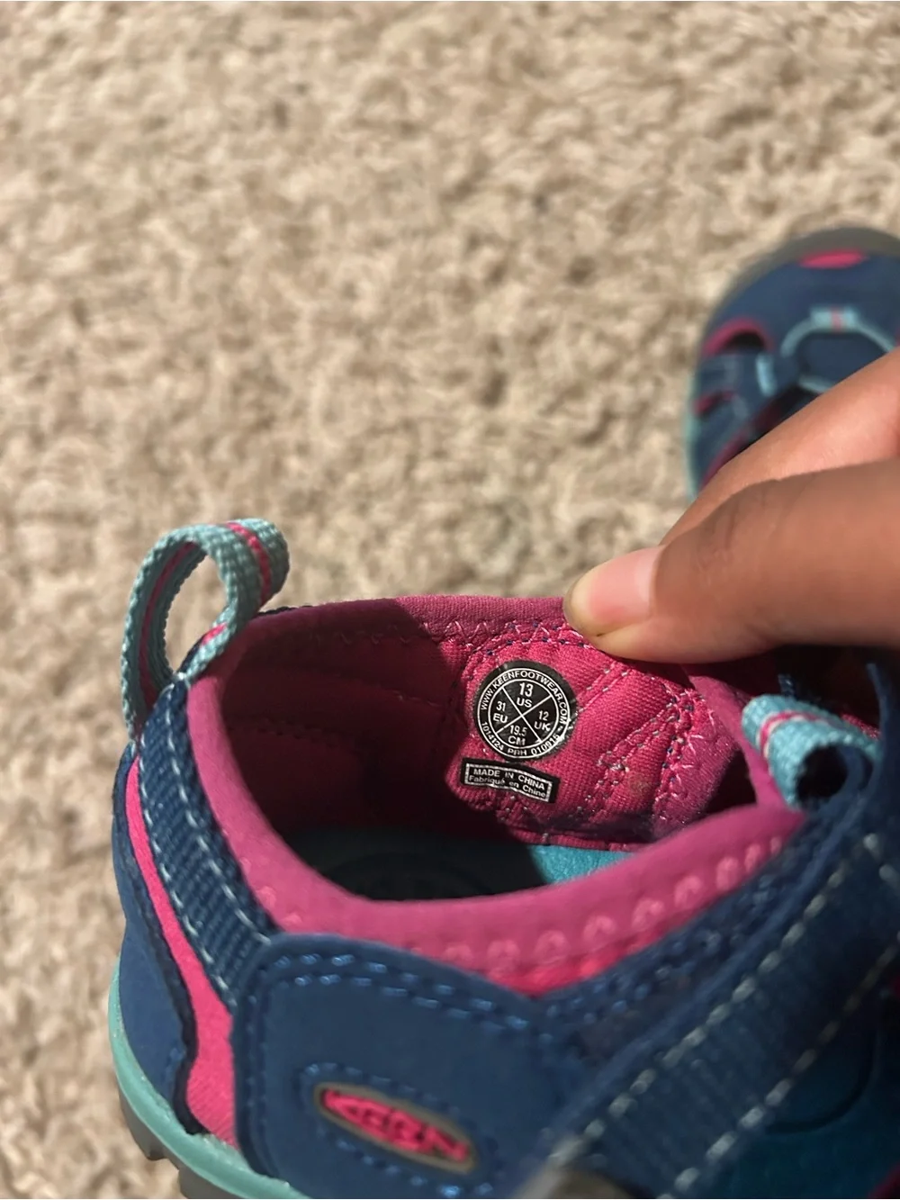 Keen Kids Navy, Pink & Teal Closed-Toe Water Shoes *writing on bottom of shoe*